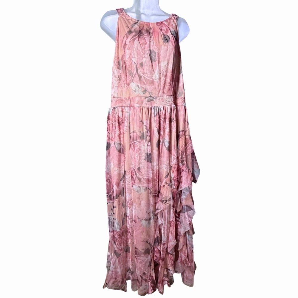 Candalite Floral Chiffon Maxi Dress XL Pink Ruffle Overlay Romantic Fairycore - Picture 2 of 12
